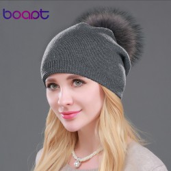 BOAPT Natural Raccoon Fur Pompon Hat Thick Winter For Women Cap Beanie Hats Knitted Cashmere Wool Caps Female skullies beanies