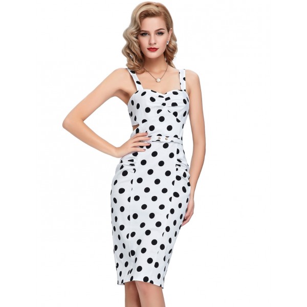 Backless Retro Vintage Cotton Polka Dots Picnic Dress 2016 Spaghetti Strap women office midi dresses Audrey Hepburn vestidos