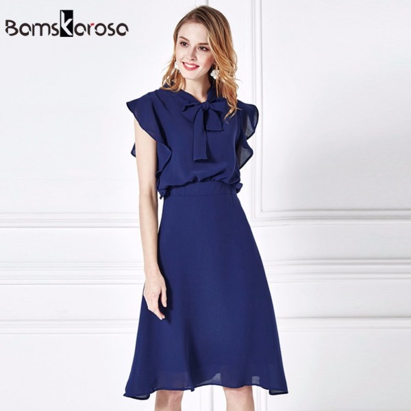 Bamskarosa Summer Dress 2017 New Fashion European Style Red Blue Slim Bow Ruffles Vestidos Sexy Office Dress Robe Femme