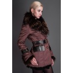 Basic Editions Autumn Fall Metallic Silk Fabric Cotton Coat Jacket with Raccoon Fur Collar and Belt - S050