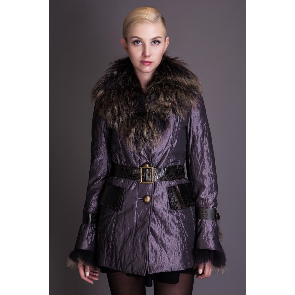 Basic Editions Autumn Fall Metallic Silk Fabric Cotton Coat Jacket with Raccoon Fur Collar and Belt - S050