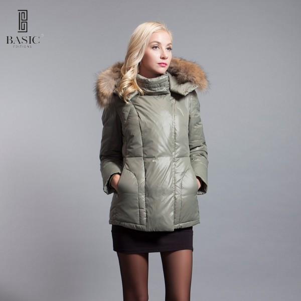 Basic-Editions Winter White Duck Down Jacket Women Slim Warm Female Warm Parka  with Fur Hood - BM-Y-081