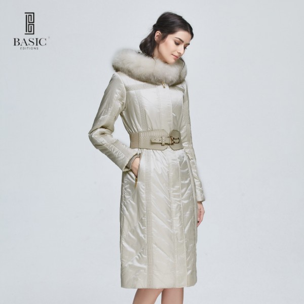 Basic Editions Women Winter Fox Fur Slim Fit Belt with Hood Long Cotton Coat Jacket - Y2320