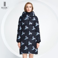 Basic Vogue Women Winter Bird Pattern Long Down Parka Jacket with Hood - Y16012