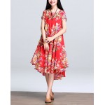 Beach Dress O Neck Short Sleeve Floral Print Chiffon Pleated Dress Big Hem Casual Vintage Dress Plus Size Women Clothing