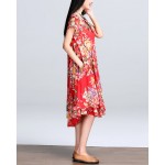 Beach Dress O Neck Short Sleeve Floral Print Chiffon Pleated Dress Big Hem Casual Vintage Dress Plus Size Women Clothing