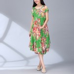 Beach Dress O Neck Short Sleeve Floral Print Chiffon Pleated Dress Big Hem Casual Vintage Dress Plus Size Women Clothing