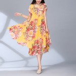 Beach Dress O Neck Short Sleeve Floral Print Chiffon Pleated Dress Big Hem Casual Vintage Dress Plus Size Women Clothing