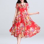 Beach Dress O Neck Short Sleeve Floral Print Chiffon Pleated Dress Big Hem Casual Vintage Dress Plus Size Women Clothing