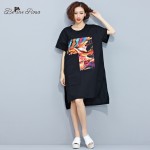 BelineRosa 2017 Women's T-Shirt Dress Women Fashion Printing Cotton and Linen T-Shirts Dress Female Fit L ~ 3XL TYW0217