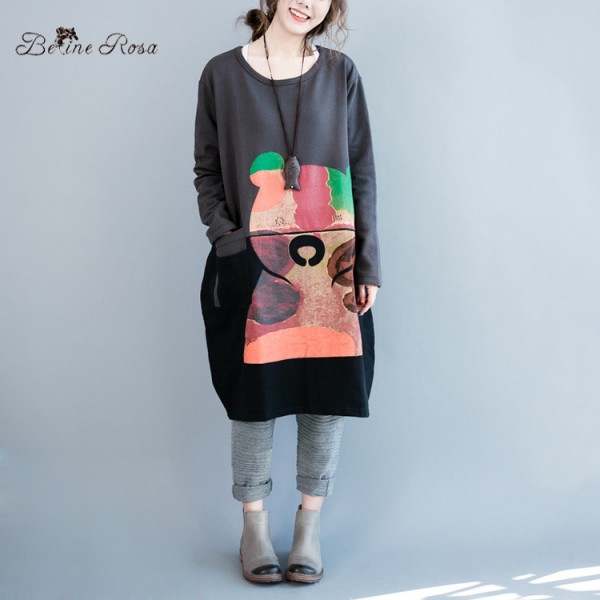 BelineRosa Plus Size Dresses for Girls Autumn Spring Women Bear Printing Long Sleeve Large Size Dress Fit L~3XL HS0147