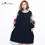 BelineRosa Plus Size Women Dresses 2017 Floral Appliques Black Cotton T Shirt Dress for Women  Fit L ~ 4XL TYW00294