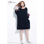 BelineRosa Plus Size Women Dresses 2017 Floral Appliques Black Cotton T Shirt Dress for Women  Fit L ~ 4XL TYW00294