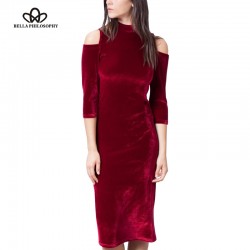 Bella Philosophy 2016 autumn winter velvet leakage shoulder bag hip dress red green blue pink