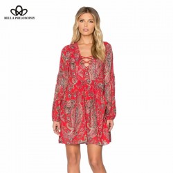 Bella Philosophy 2016 spring summer New floral printing V collar lace up neck waist pleated red women causal dress