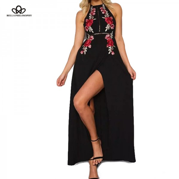 Bella Philosophy 2017 spring and summer new embroidery hollow back with dew side of the split-length  black navy blue dress S -L