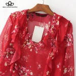 Bella Philosophy 2017 spring summer Red flowers printed flounce ruffles chiffon women shirt blouse