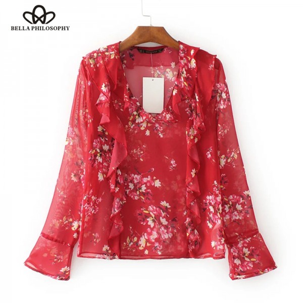 Bella Philosophy 2017 spring summer Red flowers printed flounce ruffles chiffon women shirt blouse