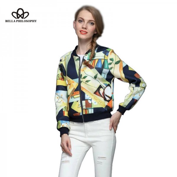 Bella Philosophy 2017 spring summer art Graffiti full print women bomber jacket coat real photo long