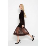 Bella Philosophy spring fashion mesh yarn patchwork loose long sleeve velvet dresses brown black