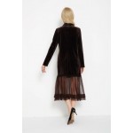 Bella Philosophy spring fashion mesh yarn patchwork loose long sleeve velvet dresses brown black