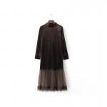 Bella Philosophy spring fashion mesh yarn patchwork loose long sleeve velvet dresses brown black