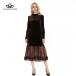 Bella Philosophy spring fashion mesh yarn patchwork loose long sleeve velvet dresses brown black