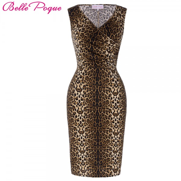 Belle Poque 2017 Sexy Leopard Dress Vintage Bodycon Women Sleeveless V Neck Fold Print Summer Slim Fit Pencil Party Club Dresses