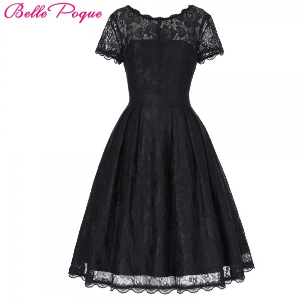 Belle Poque 2017 Short Cap Sleeve Vintage Swing V-Back Lace Office Dress Casual Tunic 1950s Rockabilly Swing Summer Dresses