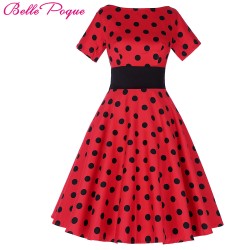 Belle Poque Vintage Polka Dot Dress Short Sleeve O-Neck Plus Size Wear Female robe Vintage 50s Retro Swing Woman Party Dresses