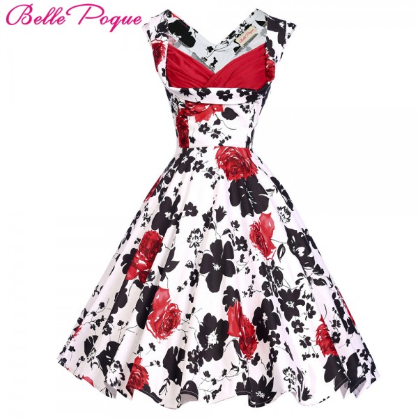 Belle Poque Women Summer Dress 2017 50s 60s Pattern Floral Print Vintage Plus Size Tunic Woman robe Casual Party Retro Dresses