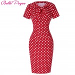 Belle Poque Womens Vintage 50s 60s Polka Dot Bow Doll Collar Tunic Wear to Work Office Business Casual Sexy Pencil Sheath Dress