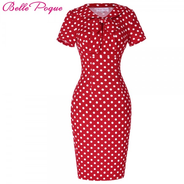 Belle Poque Womens Vintage 50s 60s Polka Dot Bow Doll Collar Tunic Wear to Work Office Business Casual Sexy Pencil Sheath Dress