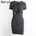 BerryGo Autumn winter knitted lace up girls dress women Sexy red bodycon dress 2016 Elegant party short sleeve dress vestidos