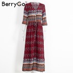 BerryGo Boho paisley print sexy dress Women vintage split button maxi dress Autumn causal strappy beach long dress vestidos