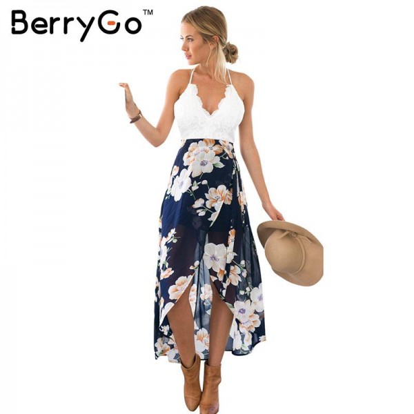 BerryGo Casual summer style beach lace backless dress Fashion sleeveless deep v neck women dresses Sexy slit print dress 2017