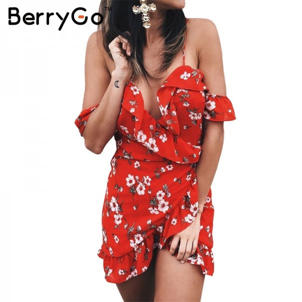 BerryGo Cold shoulder ruffles print summer dress women High waist chiffon strap party beach dresses Boho sexy dress
