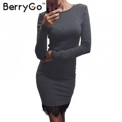 BerryGo Elegant gray bodycon sexy dress Winter evening party long sleeve lace dress Women floral tassle casual vestido de fiesta
