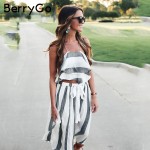 BerryGo Elegant stripe chiffon summer dress suit Casual ruffle sleeveless two piece long dress Vintage beach soft women dress