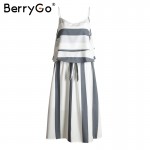 BerryGo Elegant stripe chiffon summer dress suit Casual ruffle sleeveless two piece long dress Vintage beach soft women dress