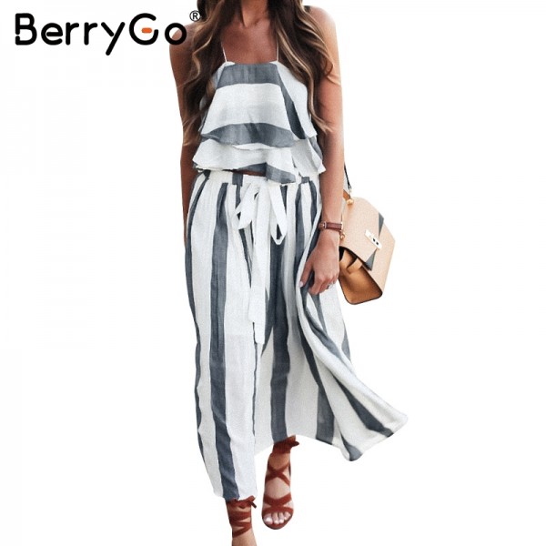 BerryGo Elegant stripe chiffon summer dress suit Casual ruffle sleeveless two piece long dress Vintage beach soft women dress