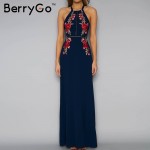 BerryGo Embroidery halter backless long dress women Sexy high split long dress 2017 Party christmas black vintage dress femme