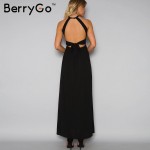 BerryGo Embroidery halter backless long dress women Sexy high split long dress 2017 Party christmas black vintage dress femme