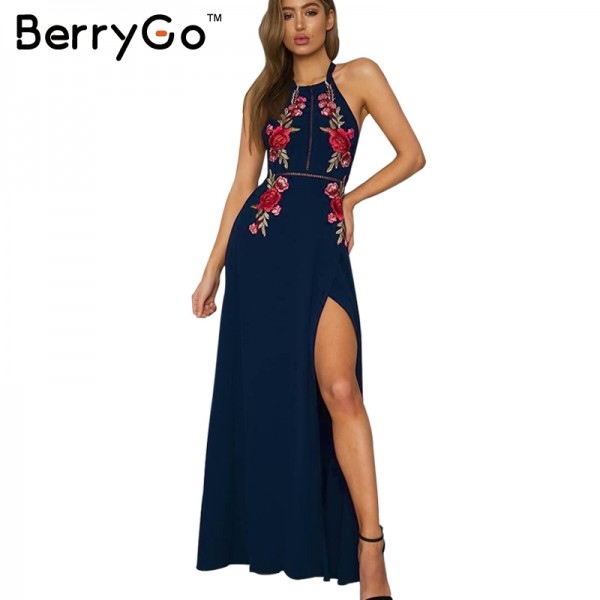 BerryGo Embroidery halter backless long dress women Sexy high split long dress 2017 Party christmas black vintage dress femme