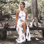 BerryGo Floral print halter chiffon long dress Women backless 2017 maxi dresses vestidos Sexy white split beach summer dress