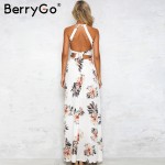 BerryGo Floral print halter chiffon long dress Women backless 2017 maxi dresses vestidos Sexy white split beach summer dress