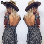 BerryGo Navy floral print short dress Women backless high waist summer dress Vintage back strap red boho beach dress vestidos