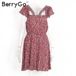 BerryGo Navy floral print short dress Women backless high waist summer dress Vintage back strap red boho beach dress vestidos