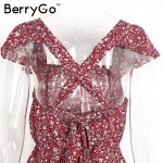 BerryGo Navy floral print short dress Women backless high waist summer dress Vintage back strap red boho beach dress vestidos