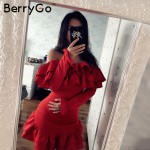 BerryGo Ruffles vintage dress 2016 autumn winter Off shoulder long sleeve women dress Short bodycon sexy dress vestido de festa